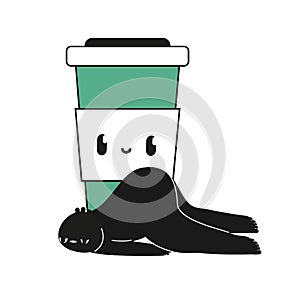 Cartoon creature exhausted lying near cofee cup. concept illustration of tiredness and burnout photo