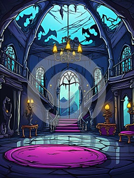 Cartoon creepy room in haunted castle. AI