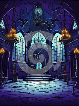 Cartoon creepy room in haunted castle. AI