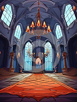 Cartoon creepy room in haunted castle. AI
