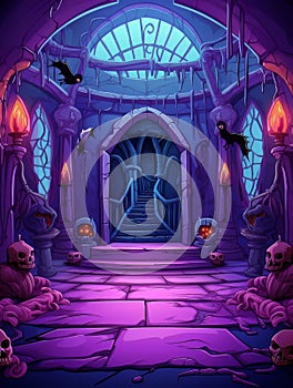 Cartoon creepy room in haunted castle. AI