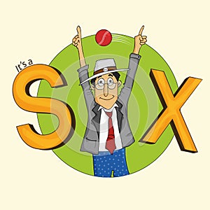 Cartoon of cricket umpire showing sixer.