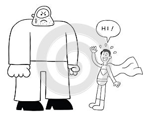 Cartoon criminal man is too big and the superhero is afraid of him, vector illustration