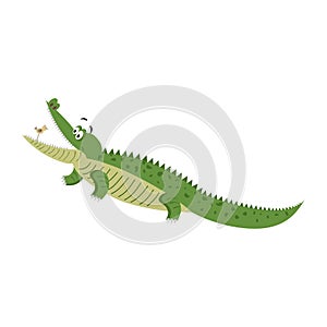 Cartoon Crocodile with Bird in Wide Open Mouth