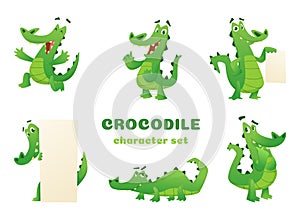 Cartoon crocodile characters. Alligator wild amphibian reptile green big animals vector mascots designs in various poses