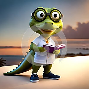 a cartoon crocodile with glasses and holding a book with the sun behind it