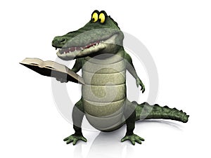 Cartoon crocodile reading book.