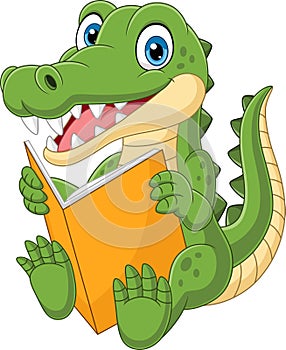 Cartoon crocodile reading a book