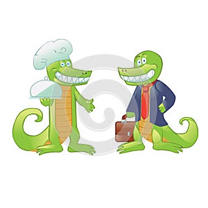 Cartoon crocodiles cook and businessman