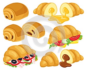 Cartoon croissant. Baked croissant with chocolate, caramel, cheese and ham croissant sandwiches. Breakfast bakery