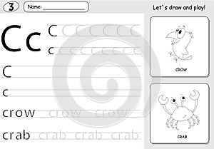 Cartoon crow and crab. Alphabet tracing worksheet: writing A-Z a