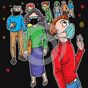 Cartoon crowd people wearing mask long queue at shop