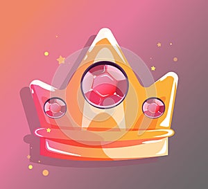 Cartoon Crown, Gold wealth and privileges of the King and Queen, Tiara with large pink crystals. Vector illustration for