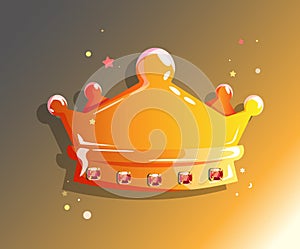 Cartoon Crown, Gold wealth and privileges of the King and Queen, Tiara with more Red crystals Rube. Vector illustration