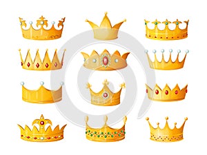 Cartoon crown. Golden emperor prince queen royal crowns diamond coronation gold antique tiara crowning imperial corona