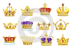Cartoon crowns. Golden king and queen royal headwear. Gold diadems with diamonds. Monarch symbols set, coronation