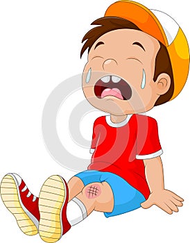 Cartoon crying boy with wounded leg photo