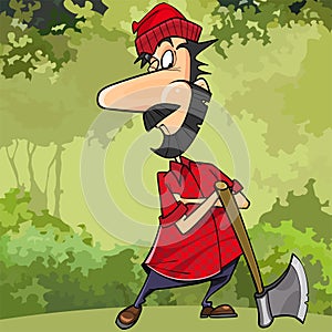 Cartoon cunning woodsman in forest with an ax