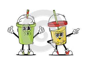 Cartoon Cup Characters Boasting Funky Faces, Swirling In A Disco Dance. Jazzy Juice And Chill Latte Or Smoothies Mugs photo