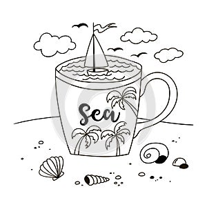 Cartoon cup with sea waves and sailboat.