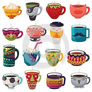 Cartoon cup vector kids creative mugs coffee or tea cupful on breakfast various shapes of coffeecup illustration set of photo