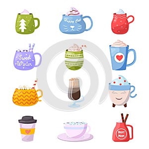 Cartoon cup vector kids mugs hot coffee or tea cupful on breakfast and various shapes of coffeecup illustration set of