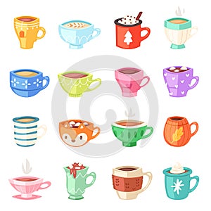 Cartoon cup vector kids mugs hot coffee or tea cupful on breakfast and various shapes of coffeecup illustration set of