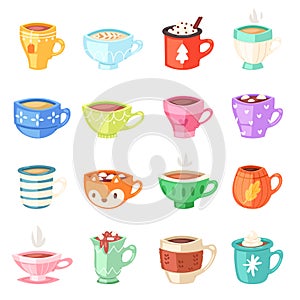 Cartoon cup vector kids mugs hot coffee or tea cupful on breakfast and various shapes of coffeecup illustration set of photo