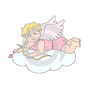Cartoon cupid on a cloud. Colorful vector illustration for Valentine\'s Day. Amor isolated on white
