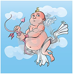 Cartoon cupid is preparing his arrow of love. Vector illustration
