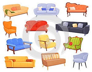 Cartoon cushioned furniture. Contemporary sofa soft couch ottoman for modern office house living room, vintage divan