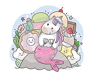 Cartoon cute adorable mermiad unicorn and sweet cake vector.