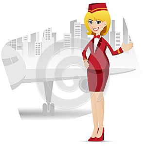 Cartoon cute air hostess with airport background
