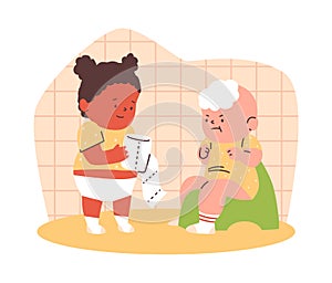 Cartoon cute angry baby boy sitting on potty and smiling girl with toilet paper, vector Infant health care, hygiene