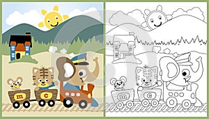 Cartoon of cute animals on steam train