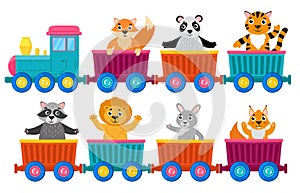 Cartoon cute animals on toy steam locomotive wagons. Toy train with funny wild animals vector illustration. Happy