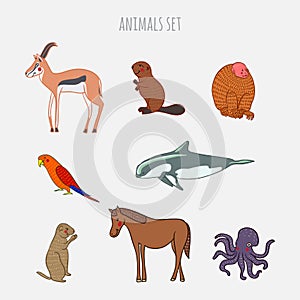 Cartoon cute Animals vector set. Hand-drawn style. Antelope, beaver, monkey, parrot, vaquita, gophe