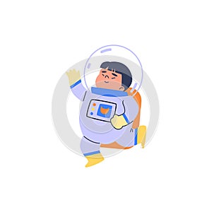 Cartoon cute Asian boy wearing astronaut costume, greeting waves hand, vector flying cosmonaut Japanese kid isolated