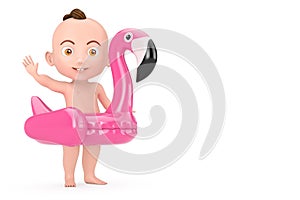 Cartoon Cute Baby Boy with Summer Swimming Pool Inflantable Rubber Pink Flamingo Toy. 3d Rendering
