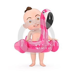Cartoon Cute Baby Boy with Summer Swimming Pool Inflantable Rubber Pink Flamingo Toy. 3d Rendering