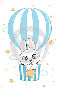 Cartoon cute baby bunny flies in hot air balloon with clouds and stars. vector illustration isolated. card for boys