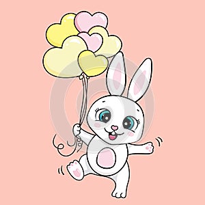 Cartoon cute baby bunny jumping with heart balloons. vector illustration isolated. card for girls