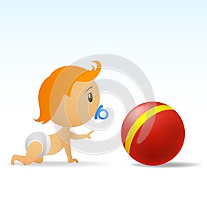 Cartoon cute baby crawling to red ball