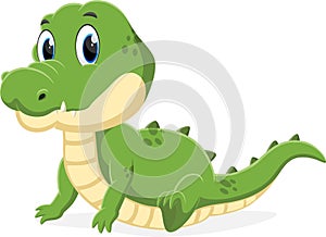 Cartoon cute baby crocodile sitting on white background