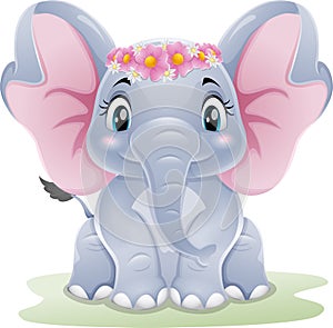 Cartoon cute baby elephant sitting in the grass