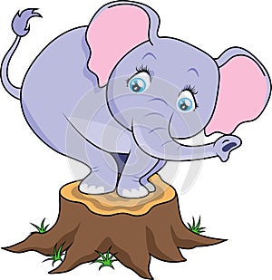 Cartoon cute baby elephant terrified on tree stump