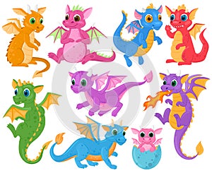 Cartoon cute baby fairytale fantasy dragons characters. Medieval creatures dragon kids, fairytale legends cute dino