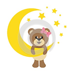 Cartoon cute bear girl with bow and moon