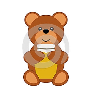 Cartoon cute bear and jar of honey. Bee flat design isolated on white background