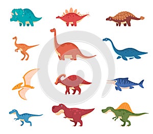 Cartoon cute beautiful dinosaurs. Ancient cold-blooded lizards in children cartoon style. Image of fossil lizards